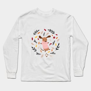 Cute Dachshund in Winter Sweater in Autumn Leaves Long Sleeve T-Shirt